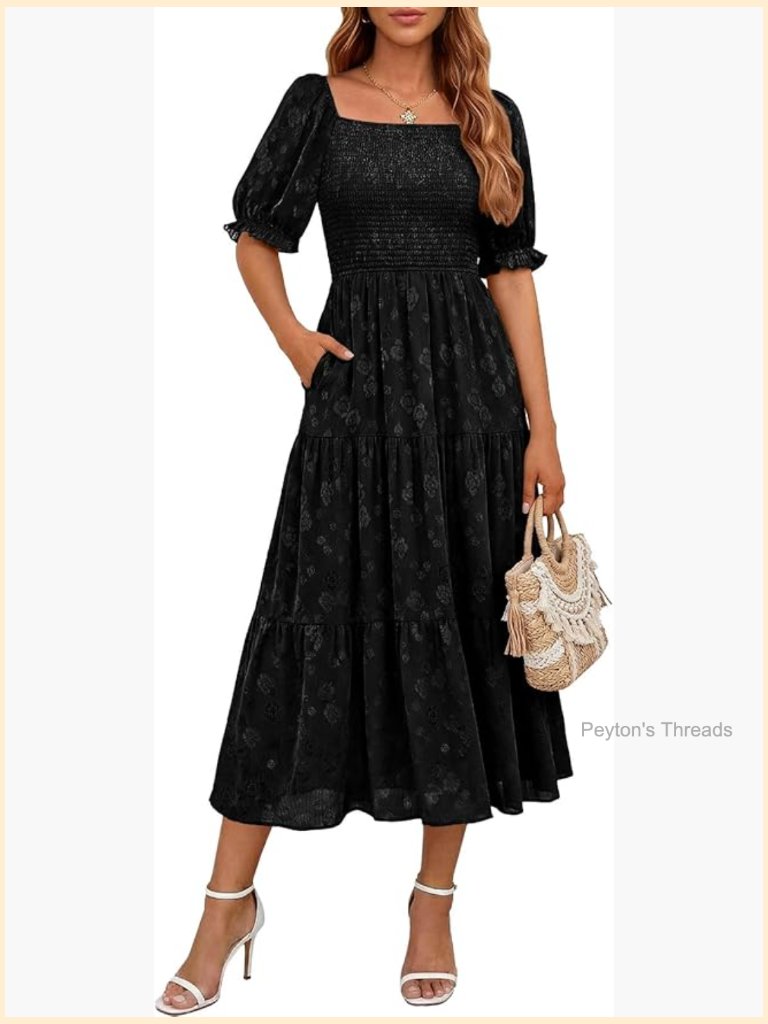Floral Midi Dress With Pockets Square Neck Smocked A-Line Boho